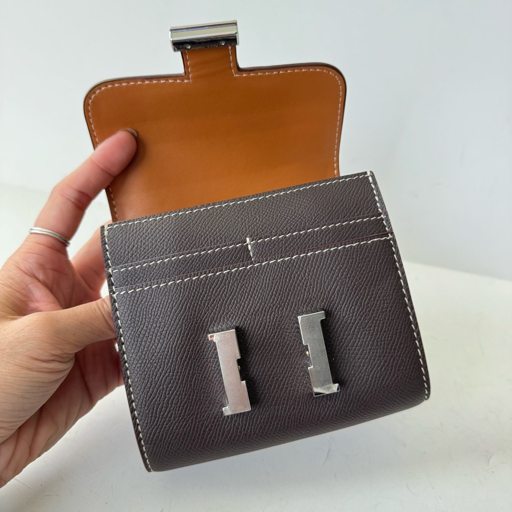 *FLAW Ebene Chocolat Epsom Leather Compact Short Slim Card Wallet w/ Silver C10